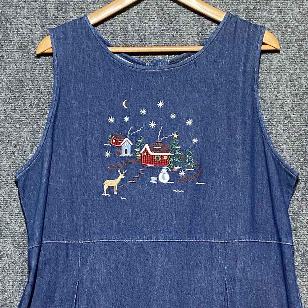 Vintage Woolrich Womens L Denim Dress Embroidered Winter Scene Sleeveless Belted - Picture 3 of 10